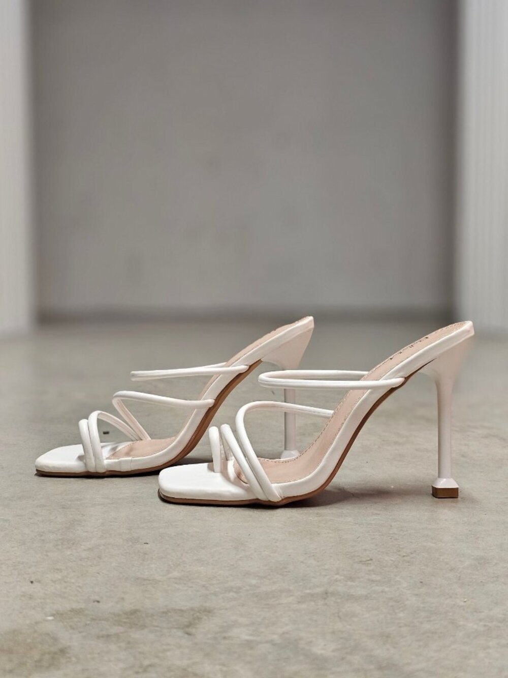 Strappy White High Heel Mules With Square Toe & Slim Stiletto Heels For Women